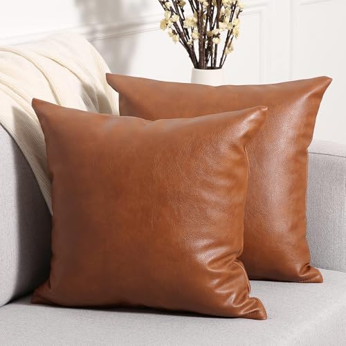 Yaertun Set of 2 Faux Leather Decorative Throw Pillow Covers Modern Solid Outdoor Cushion Cases Luxury Pillowcases for Couch Sofa Bed 14x14 Inches Brown