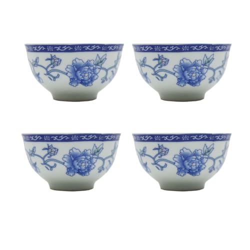 Image of Liang baobao Chinese Traditional Tea Tasting Cup Set of 4, 2oz White Porcelain Mini Cups for Gongfu Tea Ceremony (Blue and White Peony)