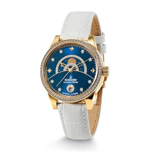 Montre automatique pour femme Kronsegler Morgenstern en cuir bleu et doré