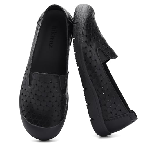 Image of Women's Summer Slip On Loafers, Breathable Perforated Hollow Cutout Flats, Comfortable Vegan Leather Walking Work Shoes for Women, Heart Floral Geometric Pattern Soft Sole Casual Summer Footwear