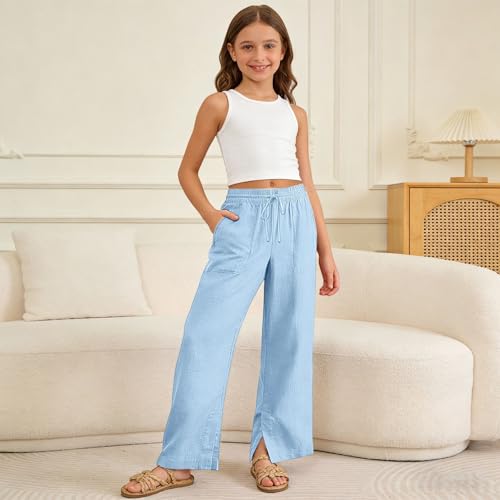 Image of Girls Linen Pants Wide Leg School Uniform Pants Cozy Elastic Waist Summer Casual Beach Lounge Trousers with Pockets