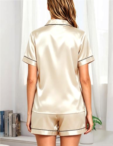 Image of Veseacky Women Satin Pajamas Set 2 Piece Button Down Short Sleeve Soft Sleepwear with Pockets
