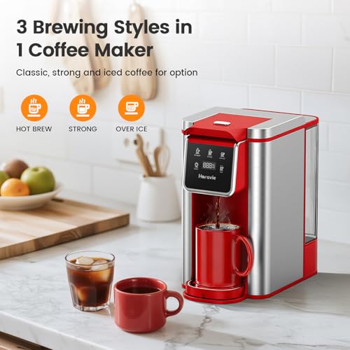 Image of Horavie Single Serve Coffee Maker for K-Cup Pod and Grounds, Hot & Iced Coffee Maker, Strong Button Feature, 6 to 14oz Brew Sizes, 50oz Removable Reservoir, Fit 6.5 inch Mugs, Stainless Steel, Red