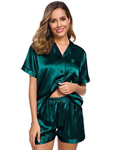Image of SWOMOG Womens Silk Satin Pajamas Set Short Sleeve Sleepwear Button Down Top and Shorts Loungewear 2 Piece Pjs Set XS-3XL Deep Green Solid Large