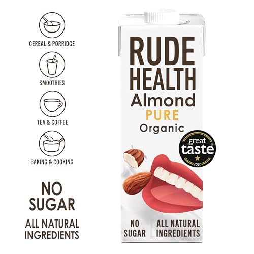 Rude Health 6 x 1 Litre Organic Pure Almond Dairy-Alt Milk, 100% Natural Organic Drink, Lactose Free, Dairy Free & Gluten-Free, Unsweetened, Award-Winning, Healthy & Vegan, 100% Recyclable Pack
