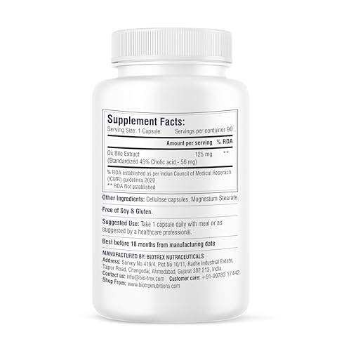 Image of Biotrex Nutraceuticals OX BILE EXTRACT 125mg, 45% CHOLIC ACID, Supports Gallbladder Health & Supports Healthy Digestion, Bile Synthesis Support, (Gluten Free & Non-GMO) - 90 Capsules