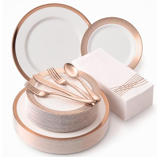 By Madee HEAVYWEIGHT White and Rose Gold Plastic Dinnerware Set 175 Pc