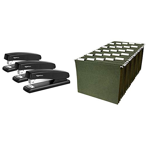 AmazonBasics 10-Sheet Capacity, Non-Slip, Office Stapler with 1000 Staples, Black - Pack of 3 & Hanging Organizer File Folders - Letter Size, Green - Pack of 25