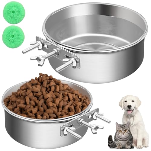 2 x Edelstahl-Fressnapf zum Aufhängen, mit drei Bolzenhaltern, Wassernapf, Futternapf für Hundehütte, Käfigkäfige, Haustiernapf für Hunde, Katzen, Vögel, Schwein, Kaninchen, robust, langlebig, mit