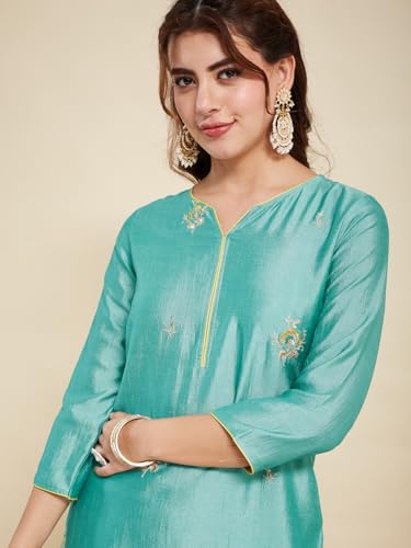 Image of MOKOSH Women's Silk Embroidery Kurta Pant with Dupatta | Kurta Set | Sweetheart Neck | 3 Piece Outfit | 3 /4 Sleeve Ethnic Suit