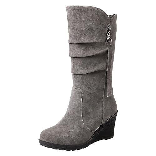 rismart Botas Slouch Mujer Media Pantorrilla Tacón Cuña Forro Fino de Piel Ante Zapatos de Invierno Gris,38