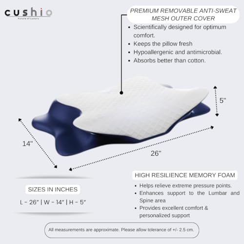 Image of CUSHIO Cervical Butterfly Pillow - Orthopedic Memory Foam for Neck & Shoulder Pain Relief | Contour Pillow with Arm Rest | Dual Height Design for Side & Back Sleepers