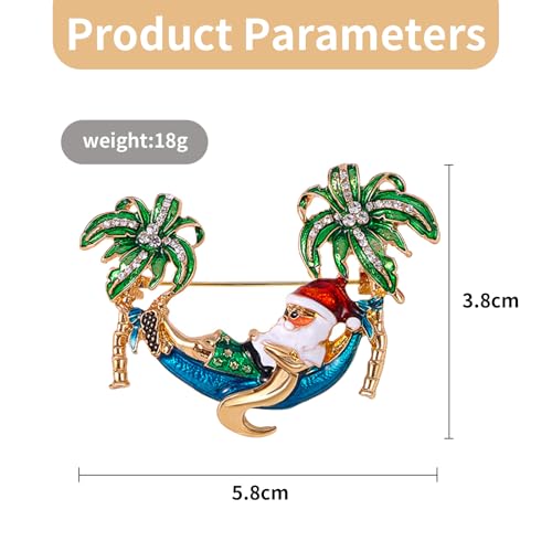 Image of Santa Claus On Vacation Brooch, Christmas Brooches for Women Rhinestone Palm Tree Santa Claus Pin Cute Funny Tropical Themed Santa Brooch Christmas Jewelry Gift for Women Girls