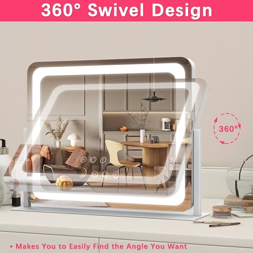 Image of ROLOVE Large Vanity Mirror with Lights, 22 inchx17 inch Lighted Makeup Mirror for Desk, 3 Color Dimmable LED Lights, Smart Touch Control & 360 Rotation Tabletop Dresser Mirror (White)