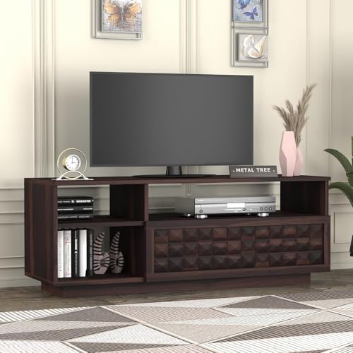 Image of Solid Sheesham Wood TV Unit for Living Room 55 Inch Furniture - Wooden TV Unit with Storage Cabinet with Drawer, 3 Shelves Wooden TV Cabinet - Accommodates up to 55-Inch TV (Asher, Walnut)