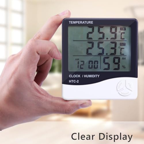Image of SMIC Pvc Htc-2 Lcd Digital Thermometer Hygrometer Weather Station Temperature Humidity Meter Clock Room Wall Indoor Outdoor Sensor Probe, Pack of 1