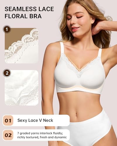 HORISUN Wireless No Underwire Bra for Women V-Neck Lace Trim Seamless Bra - 1