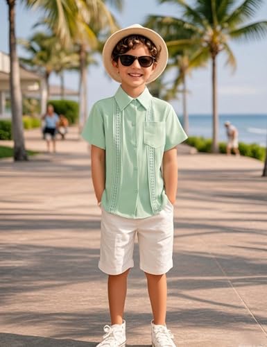 Image of Boys Guayabera Shirt Short Sleeve Button Down Casual Linen Shirt with Pockets for Summer Hawaiian Holiday 4-13Y
