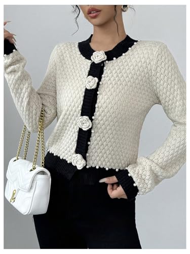 Image of GORGLITTER Women's Floral Button Up Cropped Cardigans Pearls Long Sleeve Lightweight Dressy Cute Knit Sweater Apricot Small