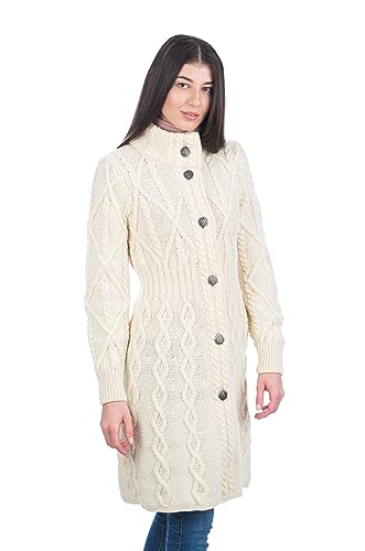 Image of SAOL 100% Merino Wool Irish Cardigan for Women with Celtic Knot Buttons -Aran Long Outdoor Cable Knit Coatigan, Natural, L