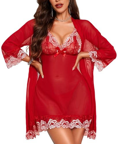 Image of RSLOVE Women Sexy Lingerie Set 3 Piece Babydoll & Lace Kimono Robe Strap Chemise Sleepwear Mesh Nightgown