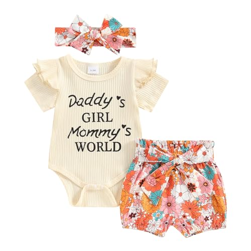 Image of Afunbaby Newborn Baby Girl Auntie Outfits Auntie's Bestie Short Sleeve Ribbed Romper Floral Shorts Clothes with Headband
