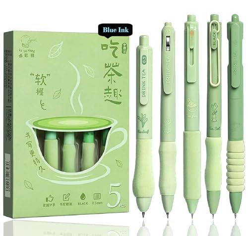 Image of SHUTTLE ART Gel Pens 5Pcs Retractable Quick Dry Ink Pens 0.5mm Fine Point Blue Ink Smooth Writing Pens for School Office Supplies Aesthetic pretty pens (Green tea)