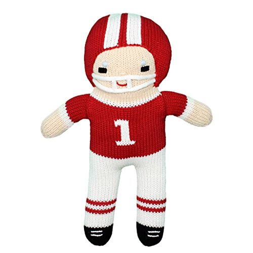 Zubels Baby Boys’ Hand-Knit Football Player Plush Toy, All-Natural Fibers, Eco-Friendly, 12-Inch, Red & White