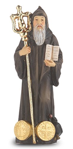 Estatua Católica de San Benito de Resina Pintada a Mano 4 Pulgadas