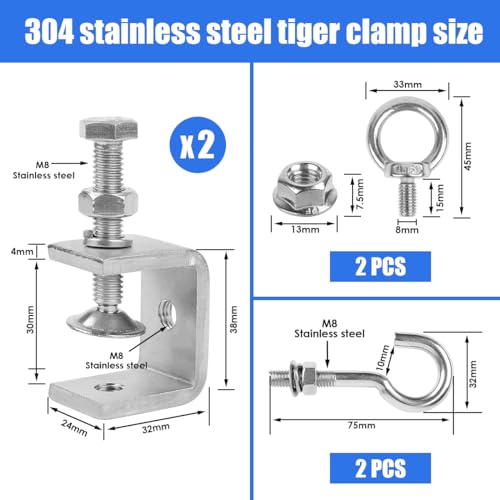 C Clamps Stainless Steel 2 Piece C Clamp Set High Performance C Clamp Jaw Openings 30 mm Screw Terminals Metal with Stainless Steel Hooks and Ring Screws for Woodworking Welding and Carpentry - Image 2