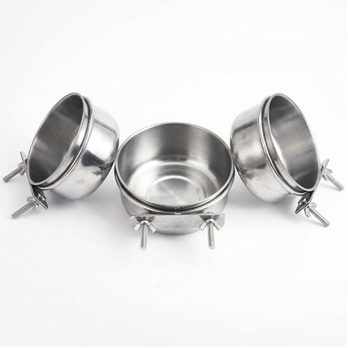 shuielai 3 Pcs Stainless Steel Bird Feeding Cups with Clamp Holder - Birdcage Food Water Dish Bowls for Cockatiel Parakeet Macaw Finches Lovebirds Small Animals