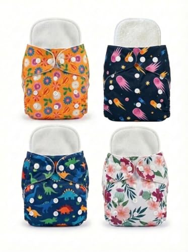 Image of Reusable Cloth Diaper for Babies | Washable Baby Cloth Diaper with Absorbent Insert | Leak Proof Adjustable Free Size Pocket Diaper 3M -3Years | Eco Friendly Reusable Baby Diaper (4, ORANGEFLORALDINOSPACE, One Size)
