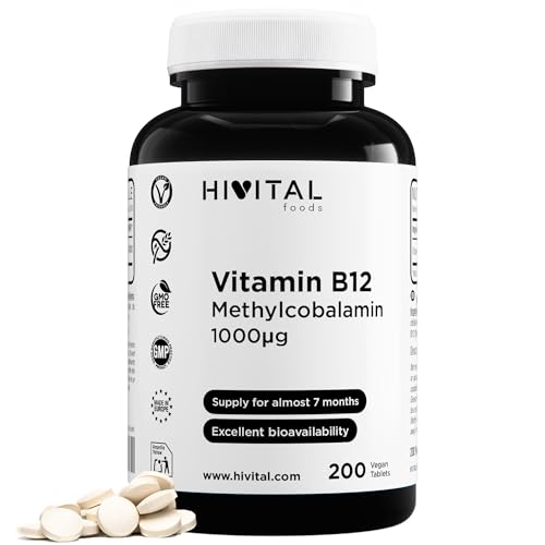 Vitamina B12 Metilcobalamina 1000 mcg. 200 comprimidos VEGANOS para más de 6 meses de tratamiento. Metilcobalamina es la forma más biodisponible de Vitamina B12. Fabricado en España por HIVITAL