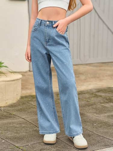 Haloumoning Girls Wide Leg Rhinestone Jeans Kids Baggy Elastic Waisted Denim Pants with Pockets 5-14 Years2