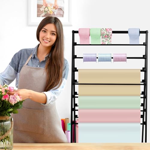 Image of ikare Ribbon Holder,Ribbon Organizer,15 Tier Ribbon Holder Organizer Rack,Double-Sided Gift Wrapping Craft Ribbon Storage Shelf for Craft Room Cake Shop Flower Store,Black