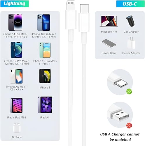 Image of USB C to Lightning Cable 2Pack 3FT Type C Charger Fast Charging Cord Compatible for Apple iPhone 14 /14 Pro /14Pro Max /13 /13 Pro /12 /12 Pro /11 /11 Pro /XR /XS /X /8 /8 Plus /7 /7 Plus Power Delivery Cord, White