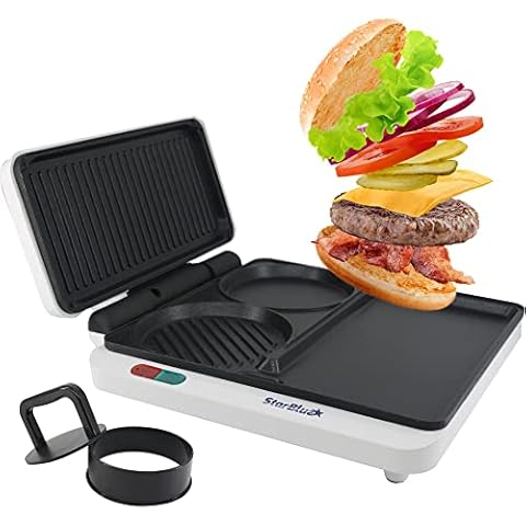 Hamburger Grill Maker by StarBlue with FREE Burger Press and Recipes eBook - Portable and Multipurpose Machine AC120V 60HZ 1000W Cover