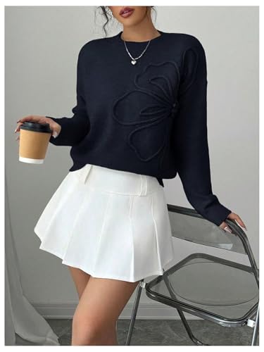 Image of RoseSeek Women's 3D Floral Appliques Crewneck Sweaters Long Sleeve Drop Shoulder Pullovers Elegant Knit Tops