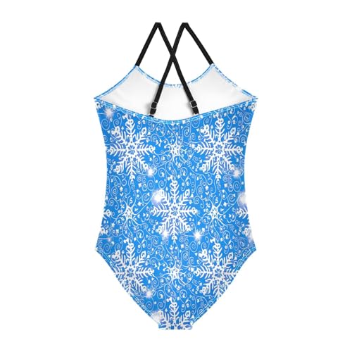 White Snowflakes Blue Swimming Suit for Girls, Summer Beach Apparel, 3-102