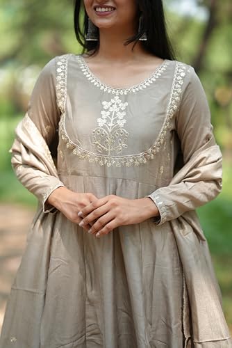 Image of MOKOSH Women's Silk Embroidery Anakrali Kurta Pant with Dupatta | Anarkali Kurta Set | Round Neck Full Sleeve Ethnic Suit | Floral Kurta 7 Colour Option Available | 3 Piece Outfit