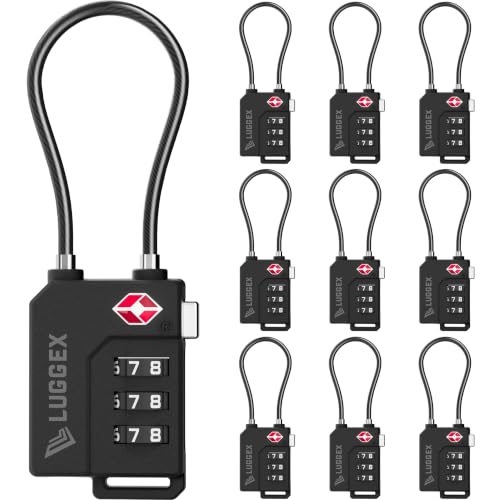 Image of LUGGEX 10 Pack TSA Locks for Luggage, Luggage Locks TSA Approved | Suitcase Locks in Gift Box, Ultra-Light 33g Combination Cable Locks, Easy-Read Dials for Suitcase Backpack Gym, Black