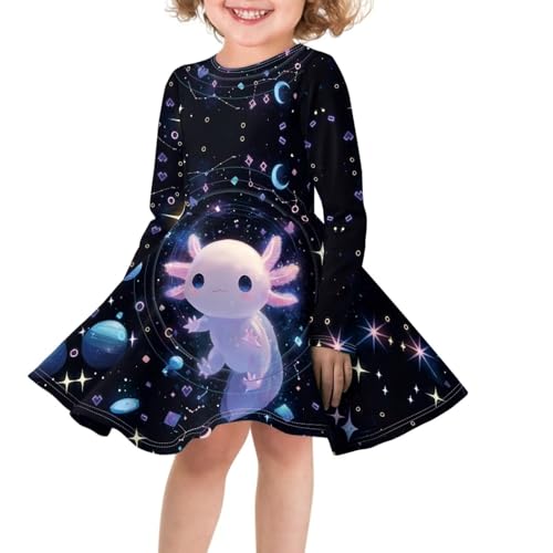 Gomyblomy Girls Fall Dress Long Sleeve Swing Skater Dresses Cute Axolotl-Theme Kids Clothes Party Twirly Outfits Casual3