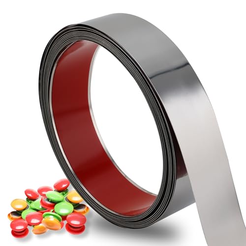 Taaizau Bande métallique flexible auto-adhésive pour aimant, rouleau de ruban ferreux solide à décoller et à coller avec 50 aimants pour atelier, décoration intérieure (Brillant Argent, 5m x 4cm）