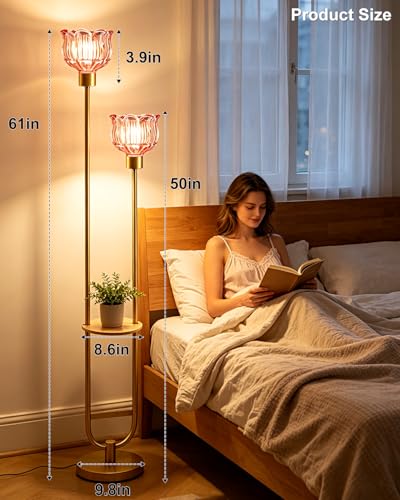 Image of Lightdot 2-Lights Modern Glass Floor Lamp with Table Gold Standing Tall Lamps with Pomegranate Red Glass Shade, Flower Floor Lamp with Foot Switch for Living Room Bedroom Home Decor (Bulbs Included)