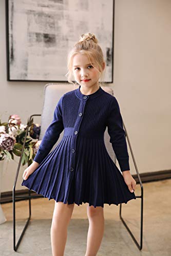 SMILING PINKER Little Girls Pleated Dress School Uniform Long Sleeve Button Front Knit Sweater Dress3