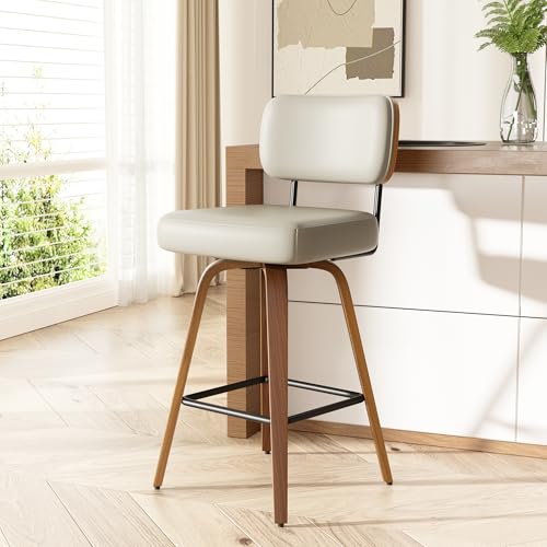 Image of Swivel Bar Stools Set of 1, 26 inch Upholstered Faux Leather Counter Height Barstools with Walnut Back & Bentwood Legs, Mid Century Modern Bar Chairs Island Stools for Kitchen Counter, Beige Grey