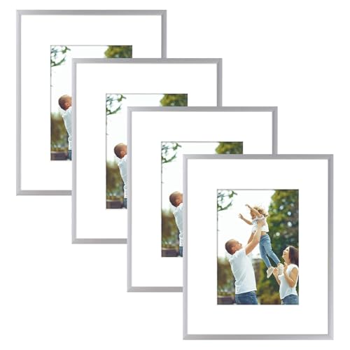 Golden State Art - 8x10 Metal Picture Frames with Mat for 5x7 Photo - Set of 4-8 x 10 Aluminum Photo Frame with Real Glass - Wall Decor or Tabletop Display - Modern Silver