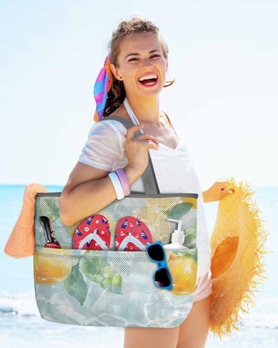 Mesh Beach Bag Oversized Tote Bags for Women Summer Lemon Leaves Blue Lake Large Bags for Travel Pool Grocery2