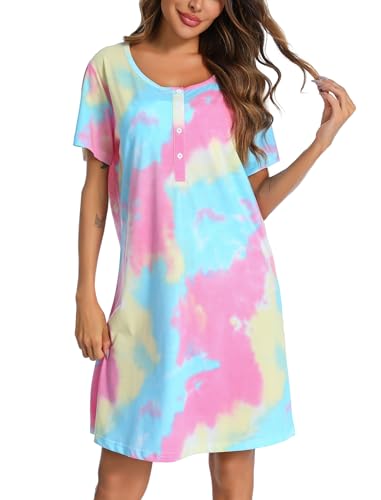 Image of ENJOYNIGHT Womens Short Sleeve Nightgown Tie Dye Nightshirt Nursing Sleepshirts Breastfeeding Sleep Dress