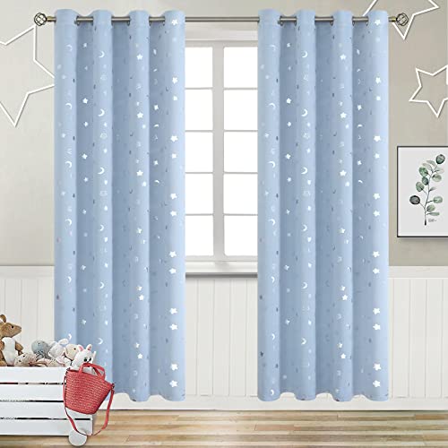 Image of BGment Kids Curtains for Bedroom 84 Inch Length, Nursery Star and Moon Blackout Curtains for Boys, Decoration Thermal Insulated Room Darkening Window Curtains for Girls Babys, Spa Blue, 52 Wide
